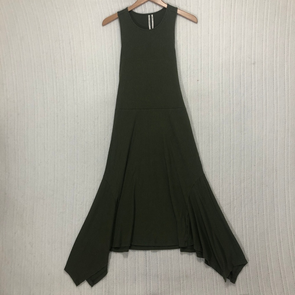 Anthropologie Olive Green Ribbed Knit Sleeveless Midi Dress Asymmetrical L